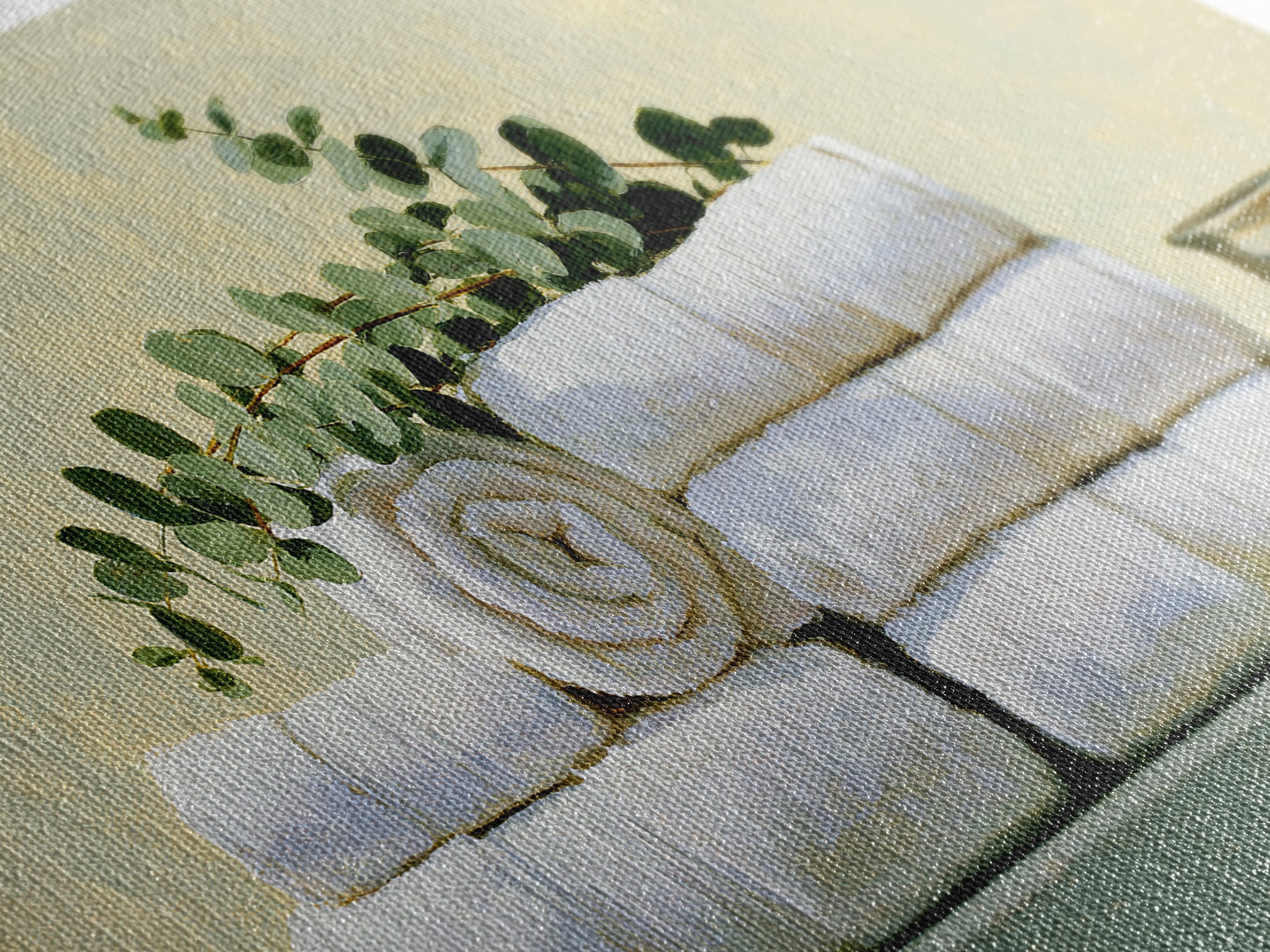 White Towels and Eucalyptus Without Room Context Canvas Print, Spa Art, Nature Prints, Spa Decor, Watercolor Art, Serenity, SPA-2x1-68