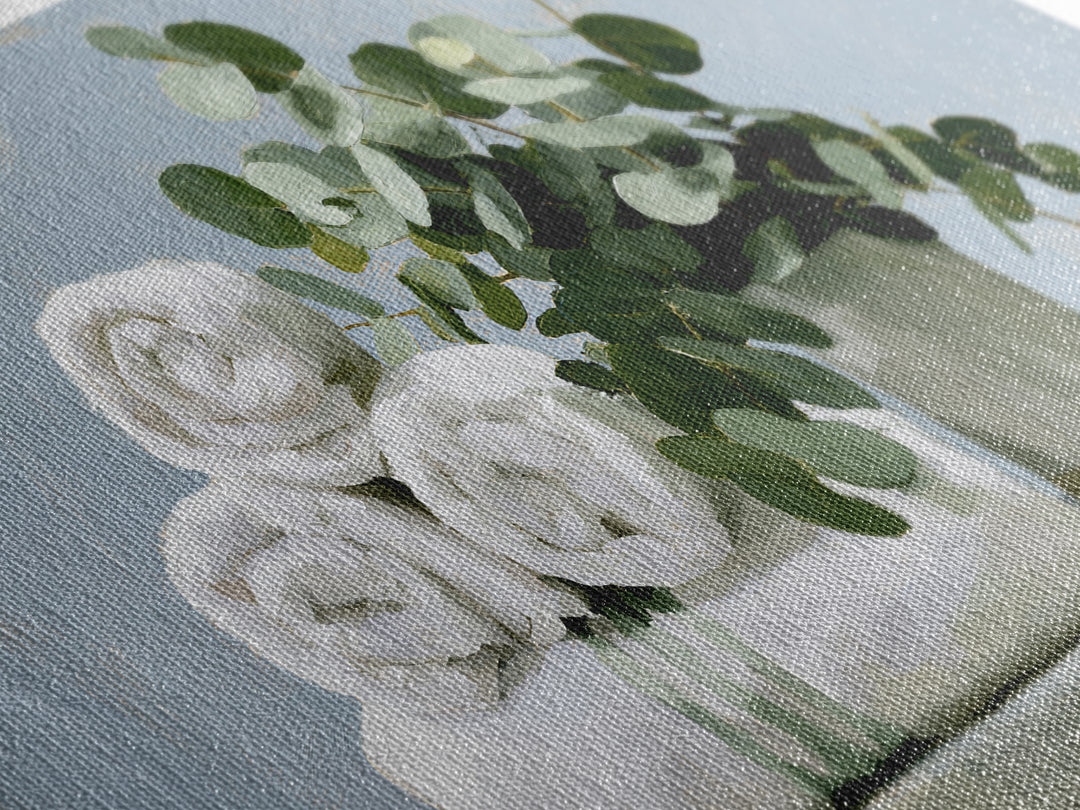 White Towels and Eucalyptus Without Room Context Framed Canvas Print, Spa Art, Abstract Print, Spa Decor, Oil Painting, SPA-2x1-92
