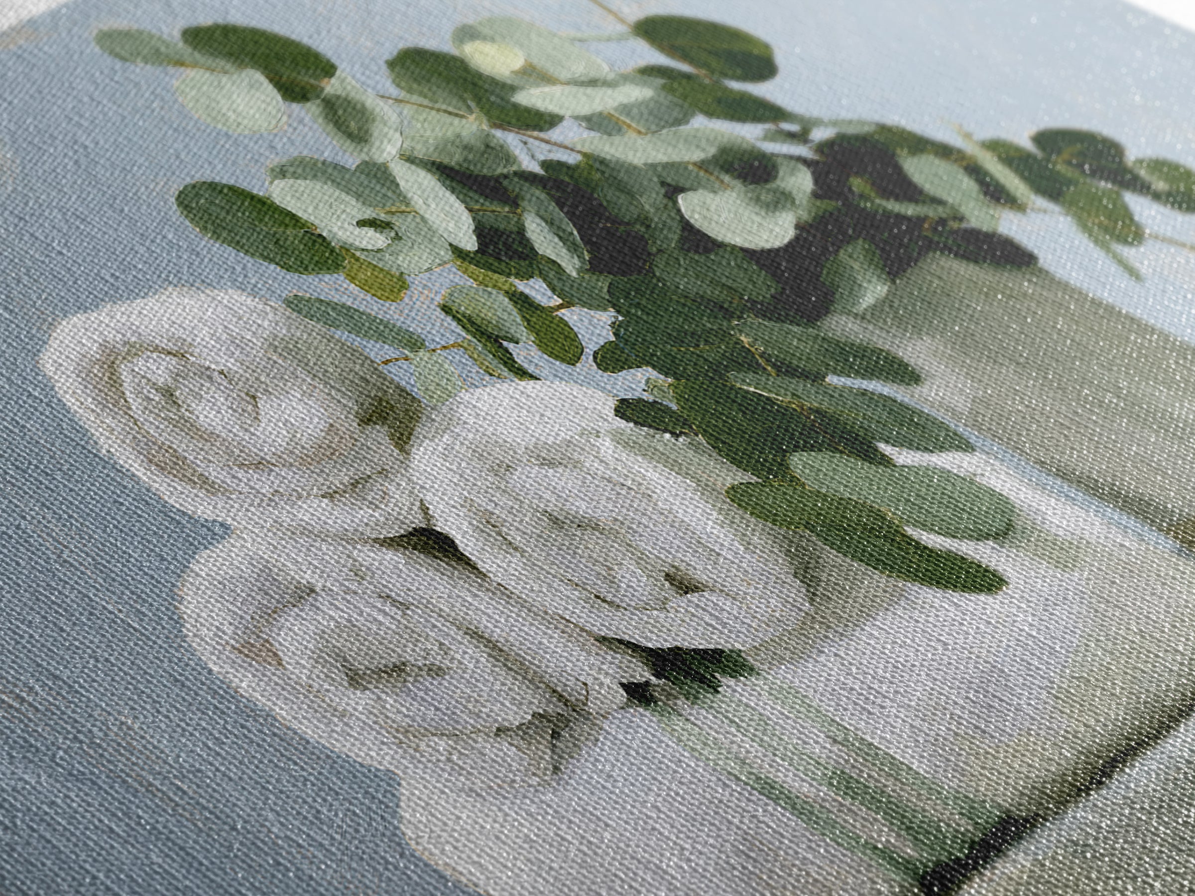 White Towels and Eucalyptus Without Room Context Framed Canvas Print, Spa Art, Abstract Print, Spa Decor, Oil Painting, SPA-2x1-92
