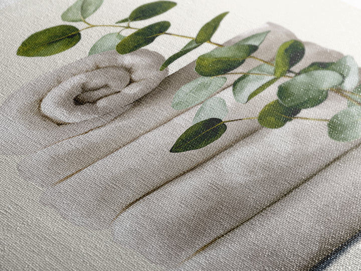 White Towels and Eucalyptus Without Room Context Canvas Print, Spa Art, Statement Artwork, Spa Decor, Fine Art, Serenity, SPA-2x3-32
