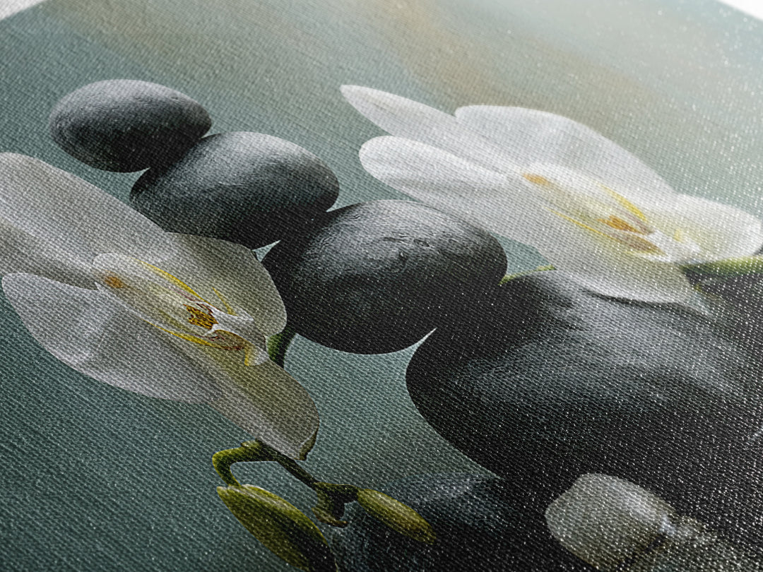 White Orchid on Smooth Gray Stone Framed Canvas Print, Spa Art, Dog Wall Art, Spa Decor, Fine Art, Serenity, Dog Canvas, SPA-3x1-18