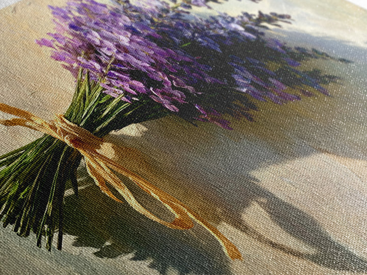 Lavender Bundle with Soft Shadow Framed Canvas Print, Spa Art, Black Woman Art, Spa Decor, Oil Painting, Serenity, SPA-3x1-47