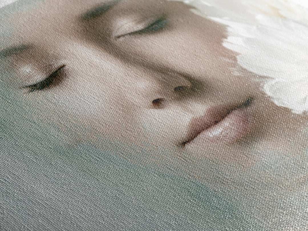 Minimal Face with Closed Eyes and Flowers Framed Canvas Print, Spa Art, Wildlife Wall Art, Spa Decor, Fine Art, Serenity, SPA-3x2-71