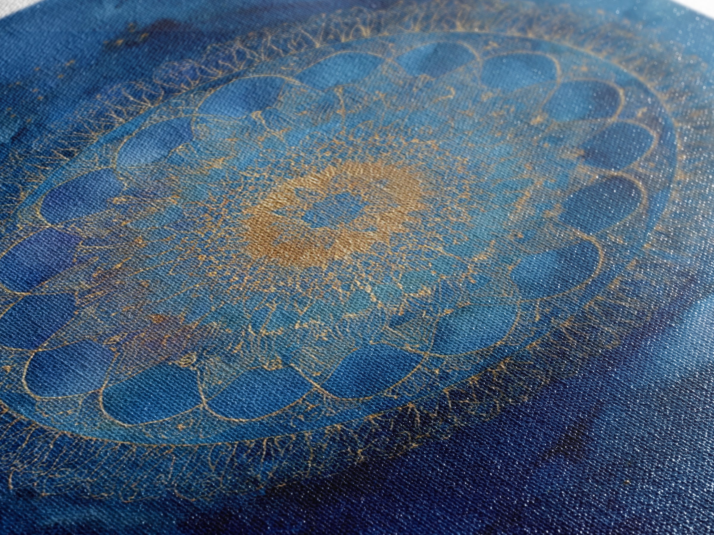 Gold Mandala on Deep Blue Background Framed Canvas Print, Spiritual Art, Digital Prints, Living Room Decor, Watercolor Art, SPI-2x3-36