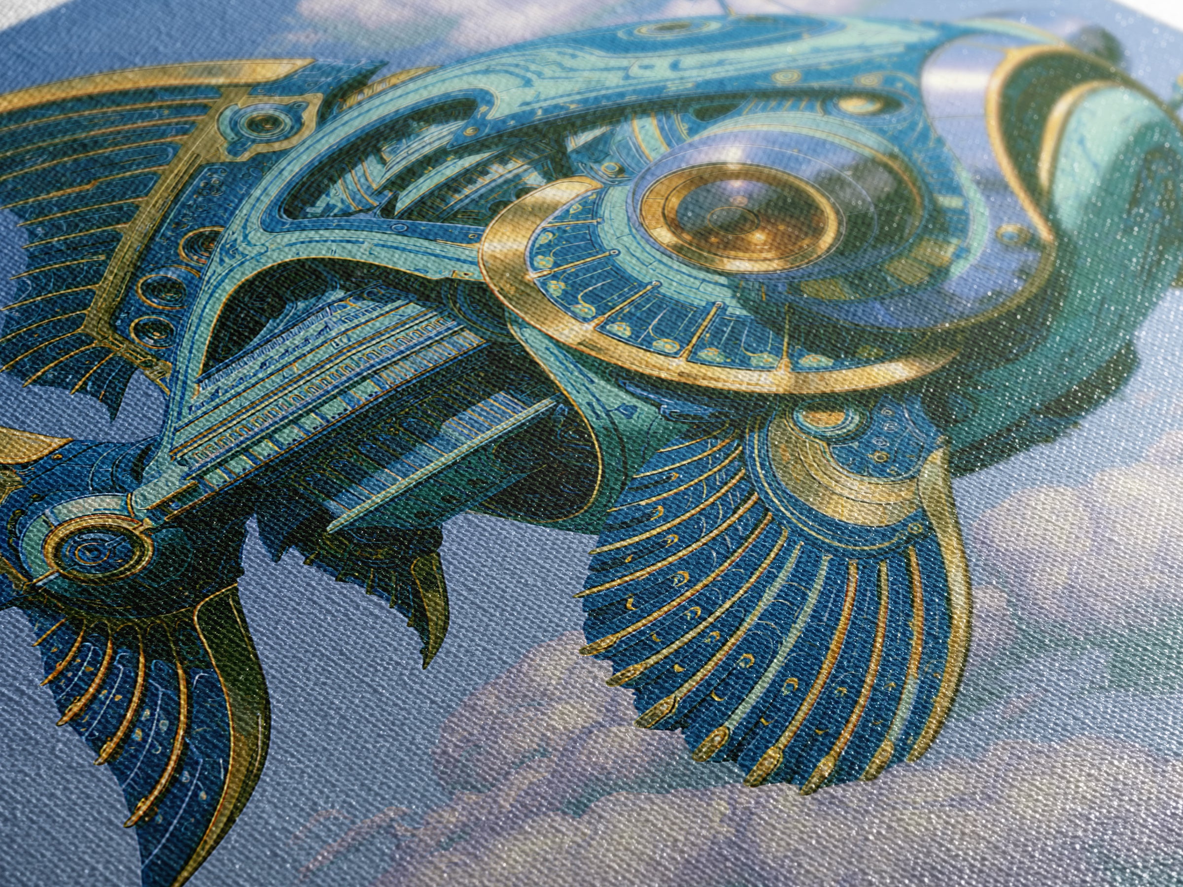 Mechanical Fish Swimming Through Clouds Canvas Print, Steampunk Art, Cat Art, Living Room Decor, Oil Painting, Mechanic, STE-1x1-22