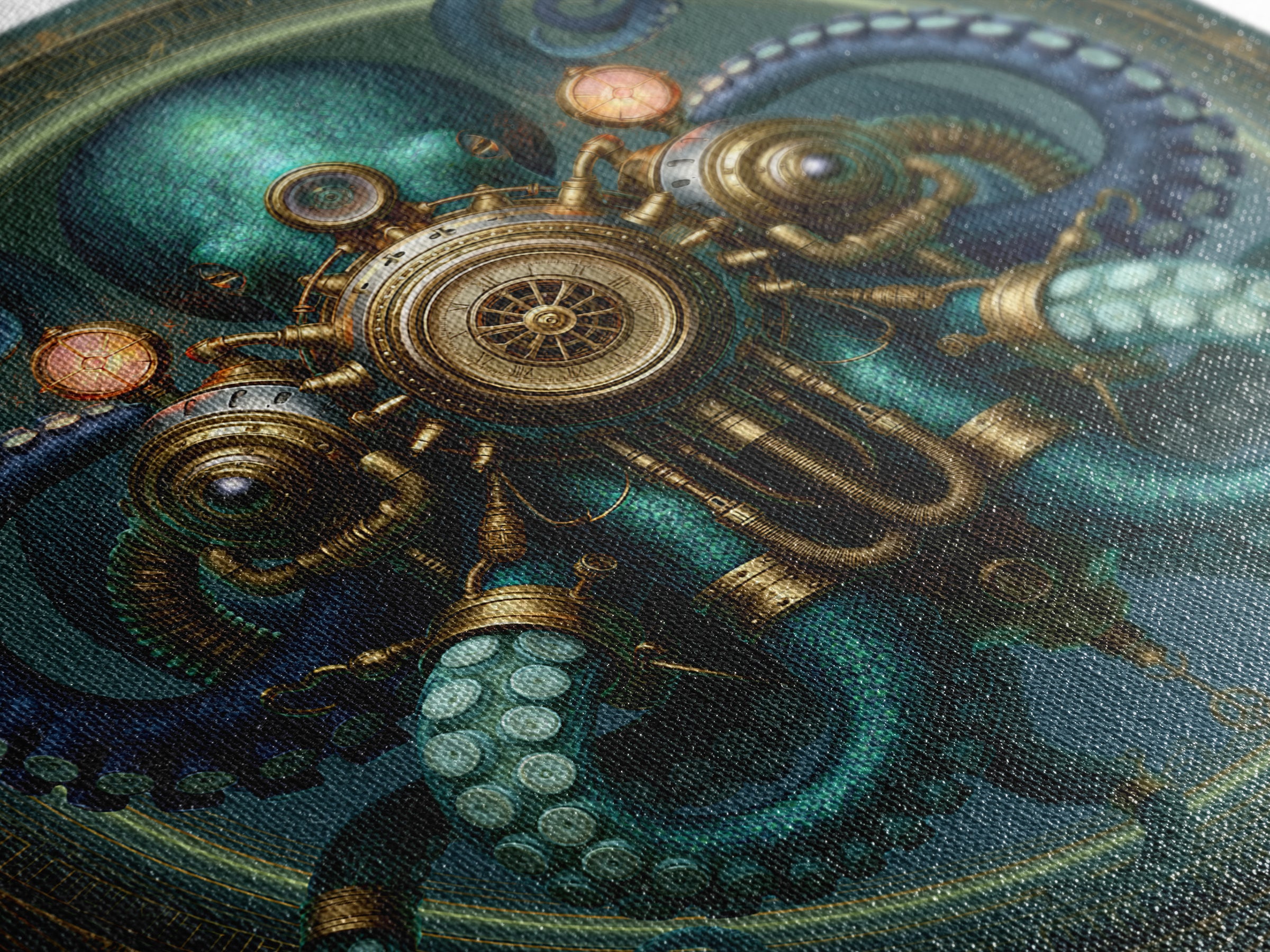 Steampunk Octopus with Brass Tentacles Framed Canvas Print, Steampunk Art, Textured Painting, Living Room Decor, Mechanic, STE-1x1-29