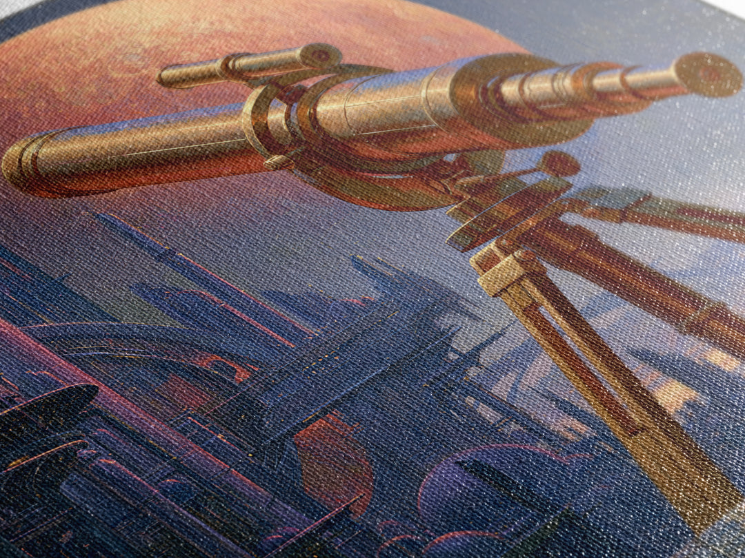 Brass Telescope Aimed at Copper Moon Framed Canvas Print, Steampunk Art, Wall Decor, Living Room Decor, Fine Art, Mechanic, STE-1x1-48