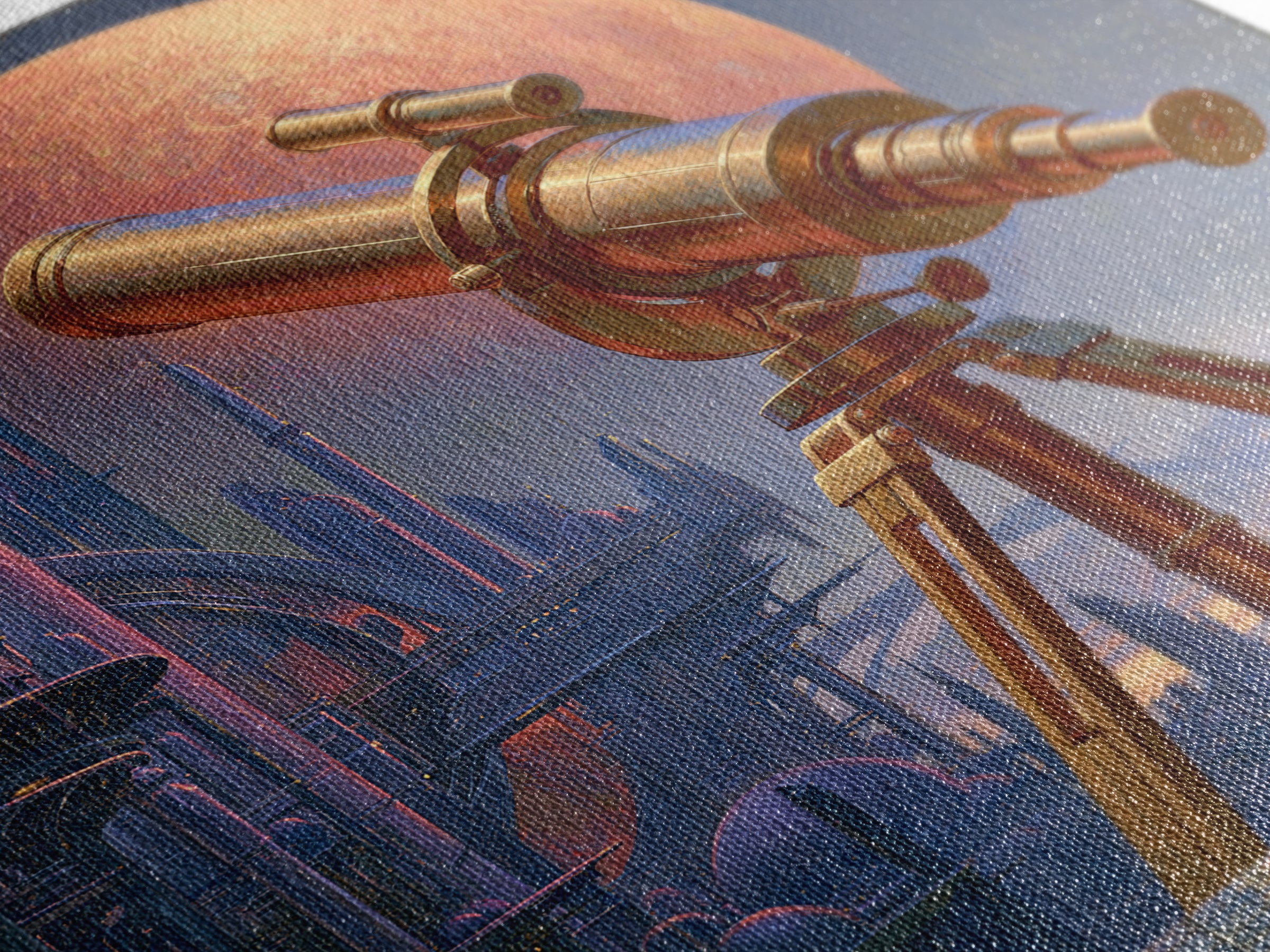 Brass Telescope Aimed at Copper Moon Framed Canvas Print, Steampunk Art, Wall Decor, Living Room Decor, Fine Art, Mechanic, STE-1x1-48