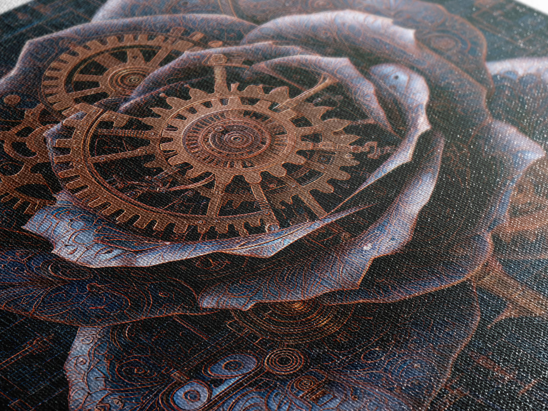 Mechanical Rose Made of Copper Gears Framed Canvas Print, Steampunk Art, Dark Art, Living Room Decor, Oil Painting, Mechanic, STE-1x1-51