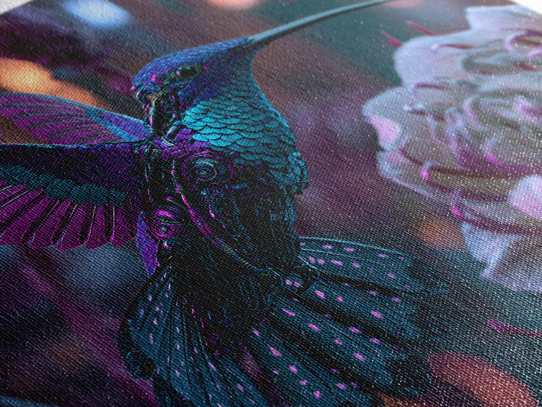 Mechanical Hummingbird Hovering Near Flower Canvas Print, Steampunk Art, Wall Decor, Living Room Decor, Oil Painting, Mechanic, STE-1x1-81