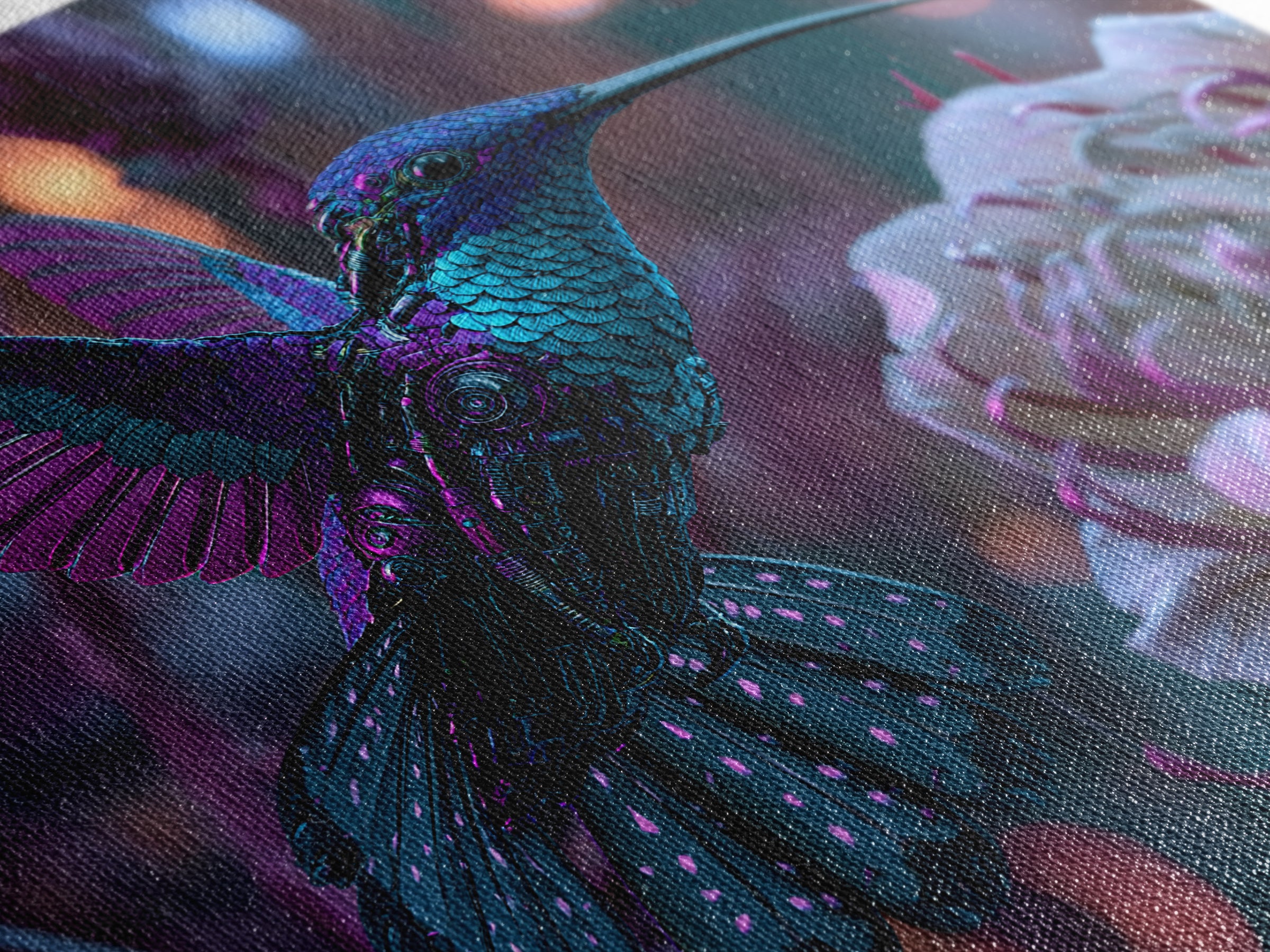 Mechanical Hummingbird Hovering Near Flower Canvas Print, Steampunk Art, Wall Decor, Living Room Decor, Oil Painting, Mechanic, STE-1x1-81