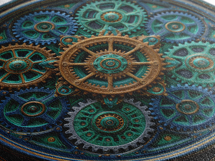 Cogwheel Mandala in Bronze and Teal Framed Canvas Print, Steampunk Art, Minimalist Decor, Living Room Decor, Fine Art, Mechanic, STE-1x1-88