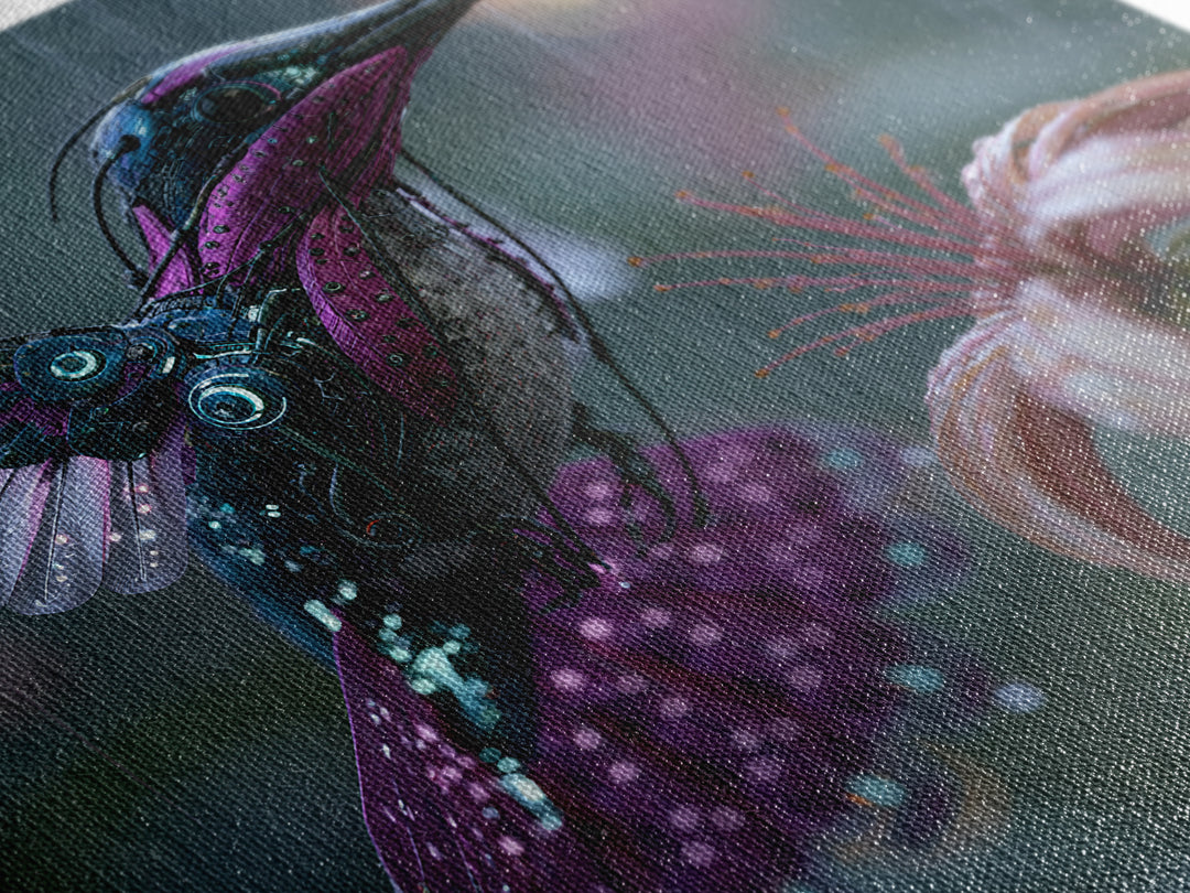 Mechanical Hummingbird Hovering Near Flower Canvas Print, Steampunk Art, Statement Artwork, Living Room Decor, Mechanic, STE-1x1-9