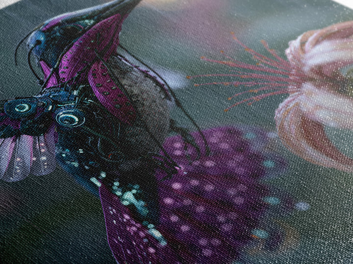 Mechanical Hummingbird Hovering Near Flower Canvas Print, Steampunk Art, Statement Artwork, Living Room Decor, Mechanic, STE-1x1-9
