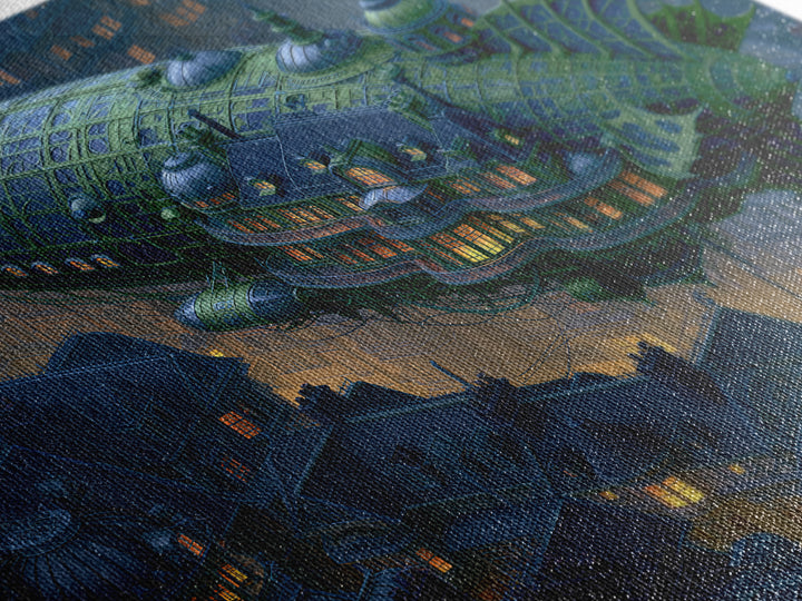 Airship Floating Above Victorian City Roofs Canvas Print, Steampunk Art, Textured Painting, Living Room Decor, Mechanic, STE-1x1-98
