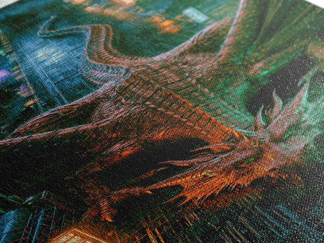 Copper Dragon with Riveted Wings Framed Canvas Print, Steampunk Art, Modern Decor, Living Room Decor, Fine Art, Mechanic, STE-1x3-70