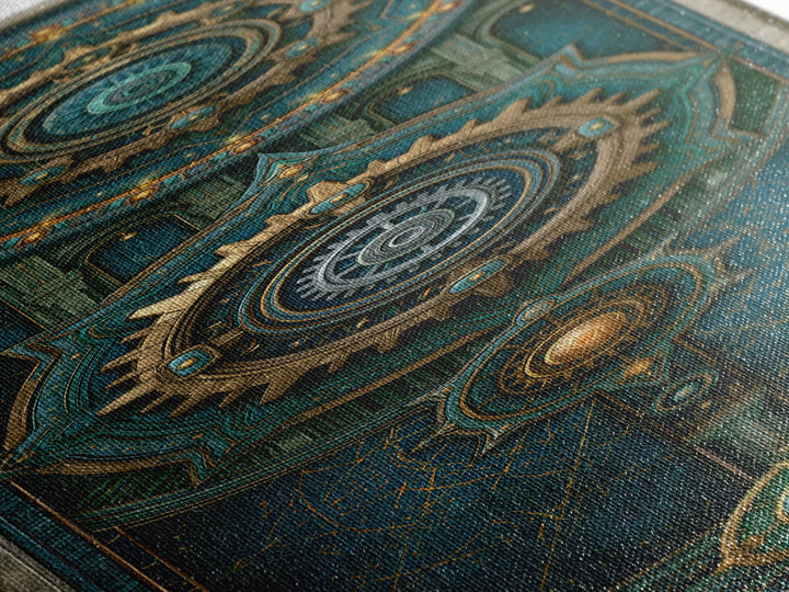 Cogwheel Mandala in Bronze and Teal Framed Canvas Print, Steampunk Art, Cat Art, Living Room Decor, Oil Painting, Mechanic, STE-1x3-76