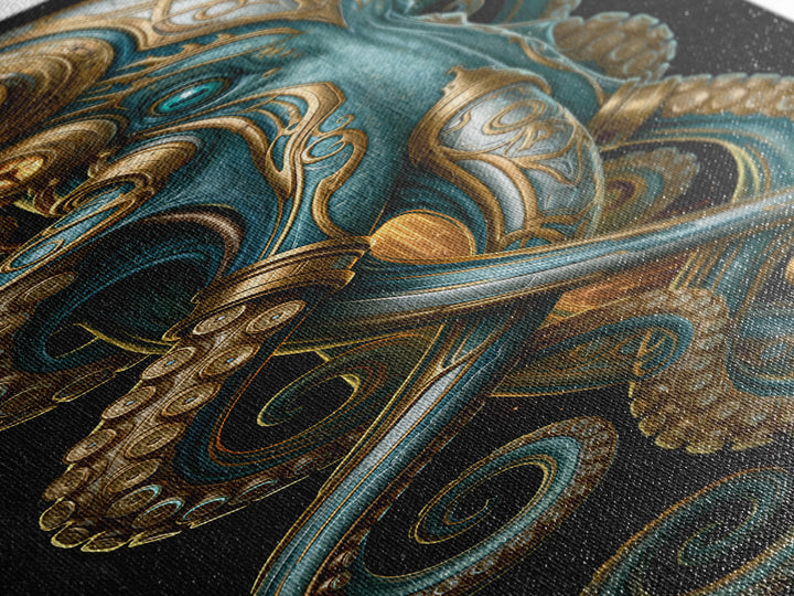 Steampunk Octopus with Brass Tentacles Canvas Print, Steampunk Art, Man Cave Decor, Living Room Decor, Fine Art, Mechanic, STE-1x3-89