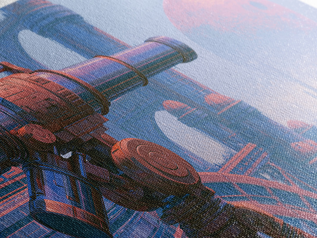 Brass Telescope Aimed at Copper Moon Framed Canvas Print, Steampunk Art, Printable Art, Living Room Decor, Oil Painting, STE-2x1-92