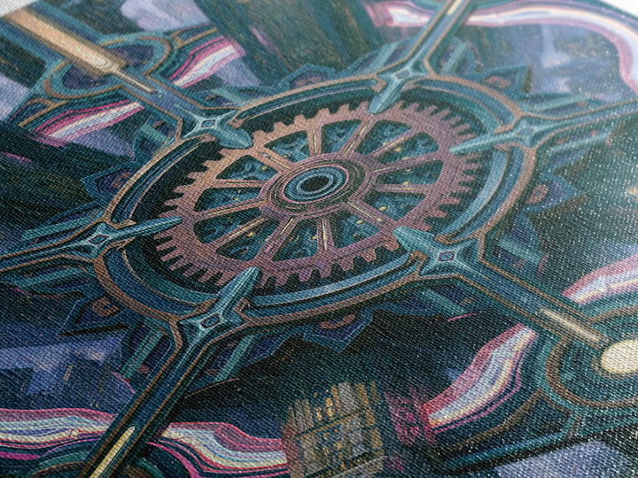 Cogwheel Mandala in Bronze and Teal Framed Canvas Print, Steampunk Art, Modern Decor, Living Room Decor, Fine Art, Mechanic, STE-2x3-24