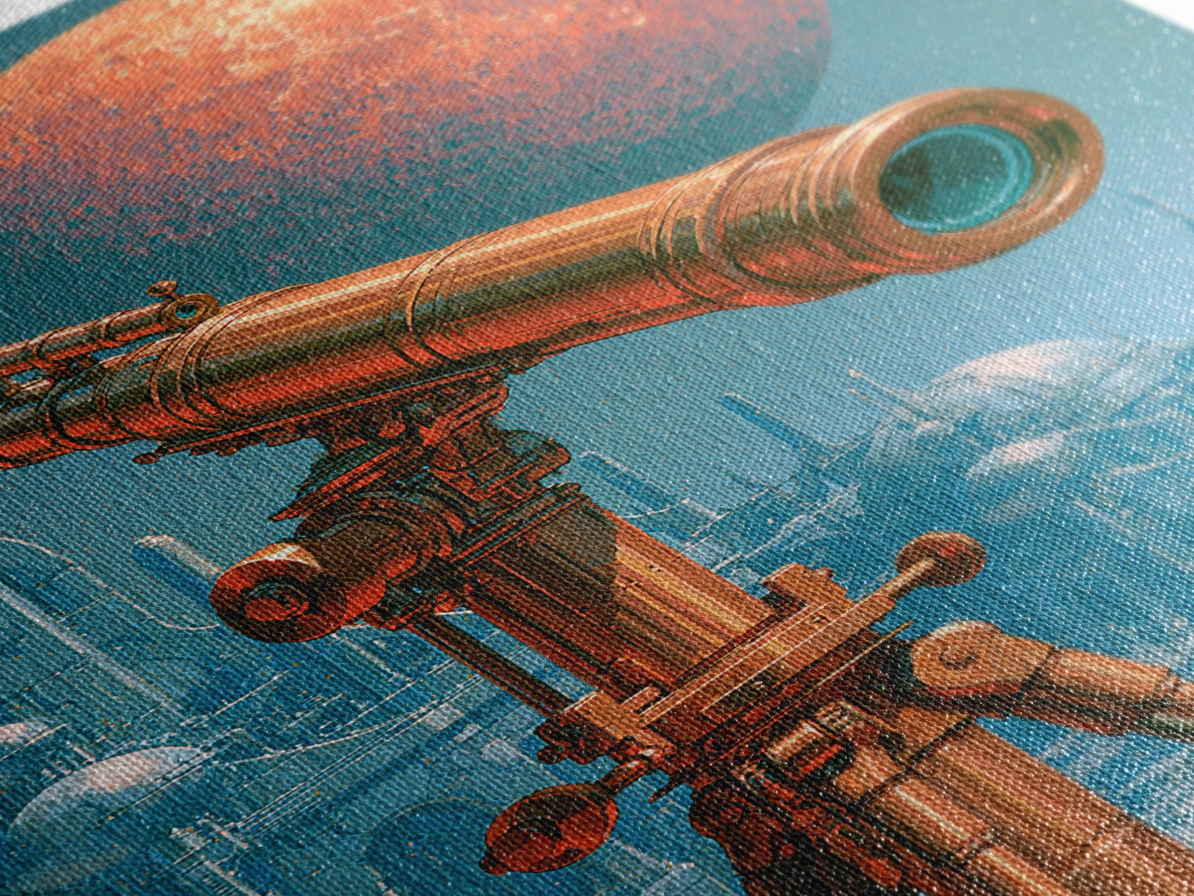 Brass Telescope Aimed at Copper Moon Canvas Print, Steampunk Art, Statement Artwork, Living Room Decor, Fine Art, Mechanic, STE-2x3-32