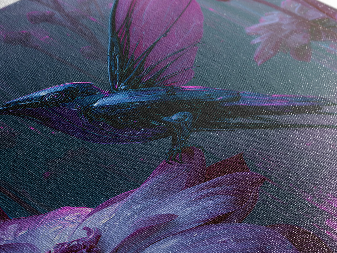 Mechanical Hummingbird Hovering Near Flower Framed Canvas Print, Steampunk Art, Canvas Art, Living Room Decor, Mechanic, STE-2x3-41
