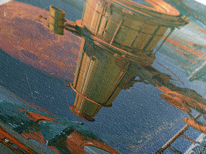 Brass Telescope Aimed at Copper Moon Canvas Print, Steampunk Art, Wall Art, Living Room Decor, Oil Painting, Mechanic, STE-3x1-88