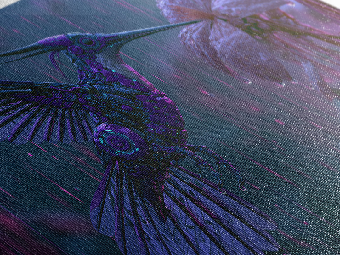 Mechanical Hummingbird Hovering Near Flower Canvas Print, Steampunk Art, Digital Download Art, Living Room Decor, Mechanic, STE-3x2-13