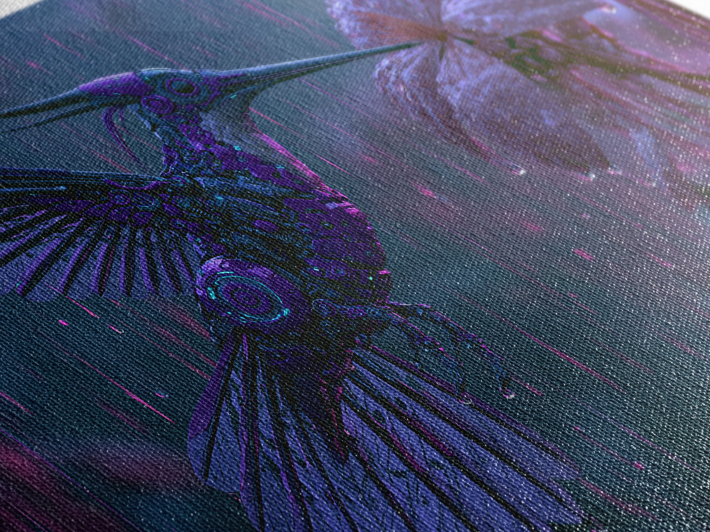 Mechanical Hummingbird Hovering Near Flower Canvas Print, Steampunk Art, Digital Download Art, Living Room Decor, Mechanic, STE-3x2-13