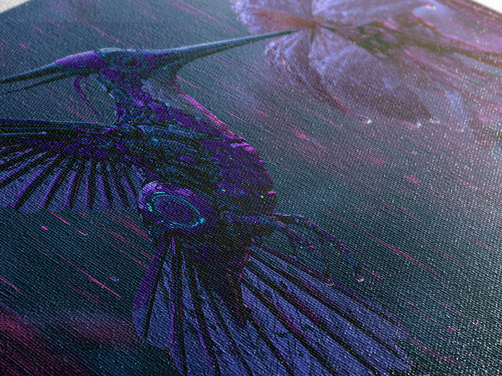 Mechanical Hummingbird Hovering Near Flower Canvas Print, Steampunk Art, Digital Download Art, Living Room Decor, Mechanic, STE-3x2-13