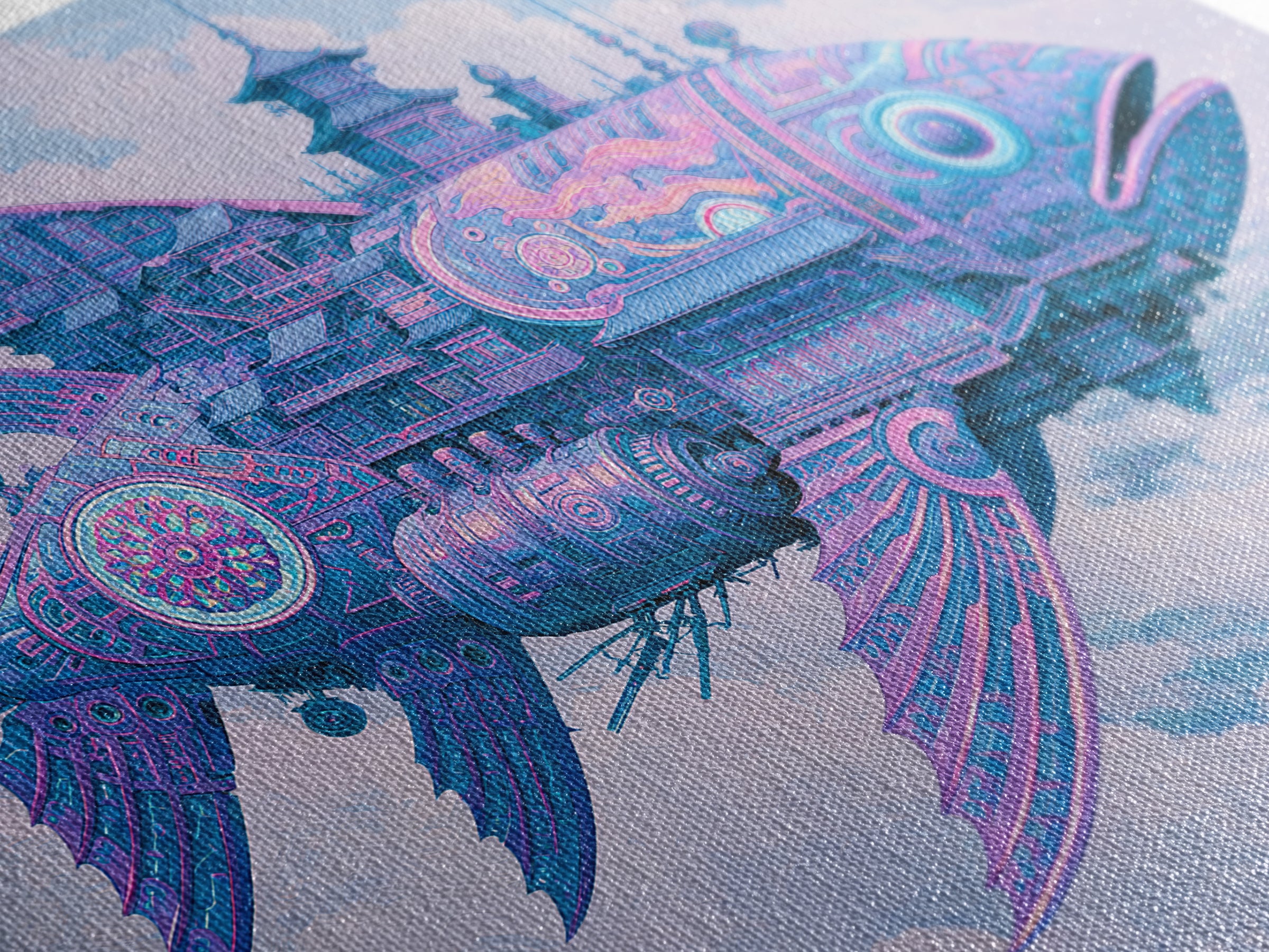 Mechanical Fish Swimming Through Clouds Framed Canvas Print, Steampunk Art, Art Nouveau, Living Room Decor, Fine Art, Mechanic, STE-3x2-2
