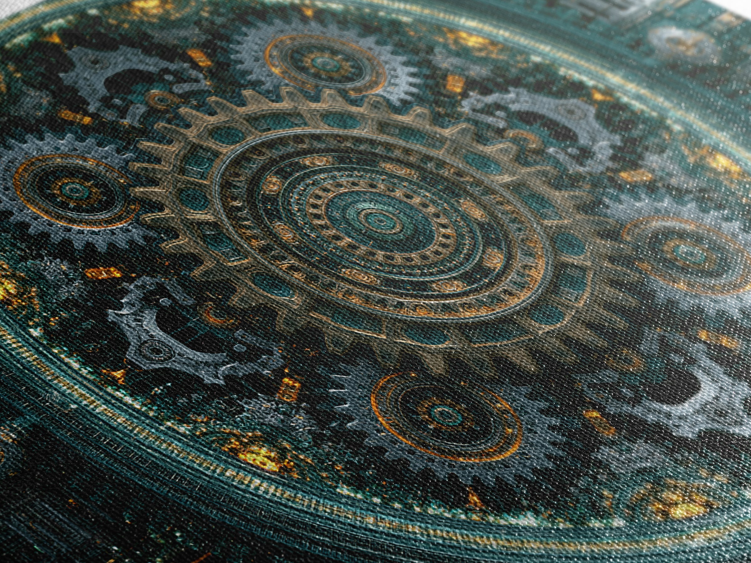 Cogwheel Mandala in Bronze and Teal Framed Canvas Print, Steampunk Art, Gothic Art, Living Room Decor, Fine Art, Mechanic, STE-3x2-20