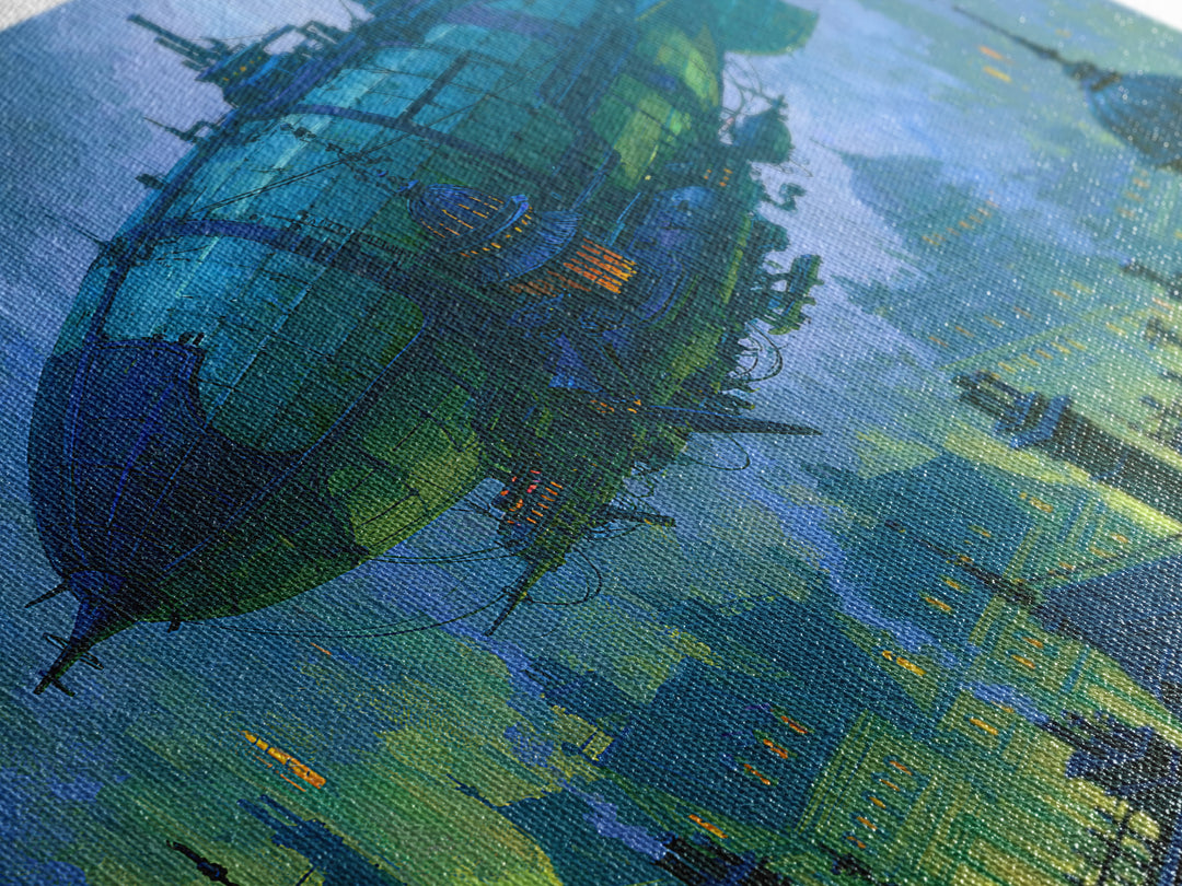 Airship Floating Above Victorian City Roofs Canvas Print, Steampunk Art, Modern Art, Living Room Decor, Fine Art, Mechanic, STE-3x2-30