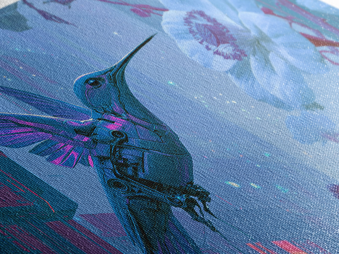 Mechanical Hummingbird Hovering Near Flower Canvas Print, Steampunk Art, Dark Art, Living Room Decor, Watercolor Art, Mechanic, STE-3x2-37