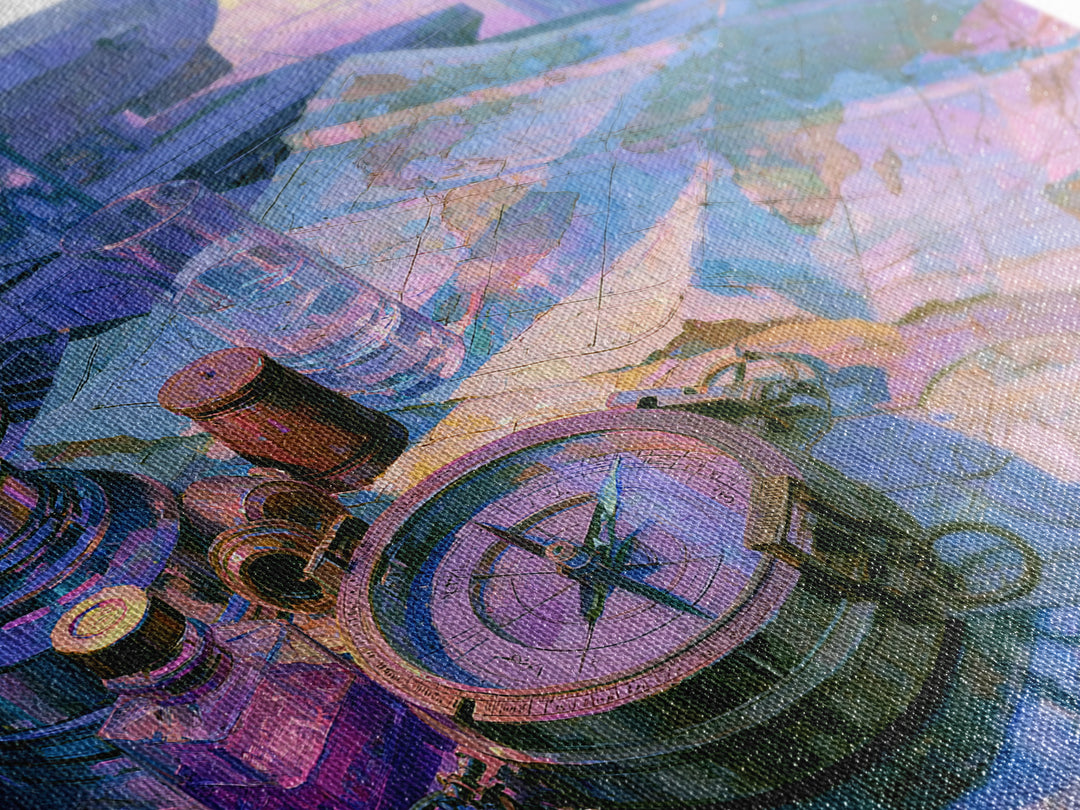 Airship Captain Map and Compass Still Life Canvas Print, Steampunk Art, Wall Art Living Room, Living Room Decor, Mechanic, STE-3x2-46
