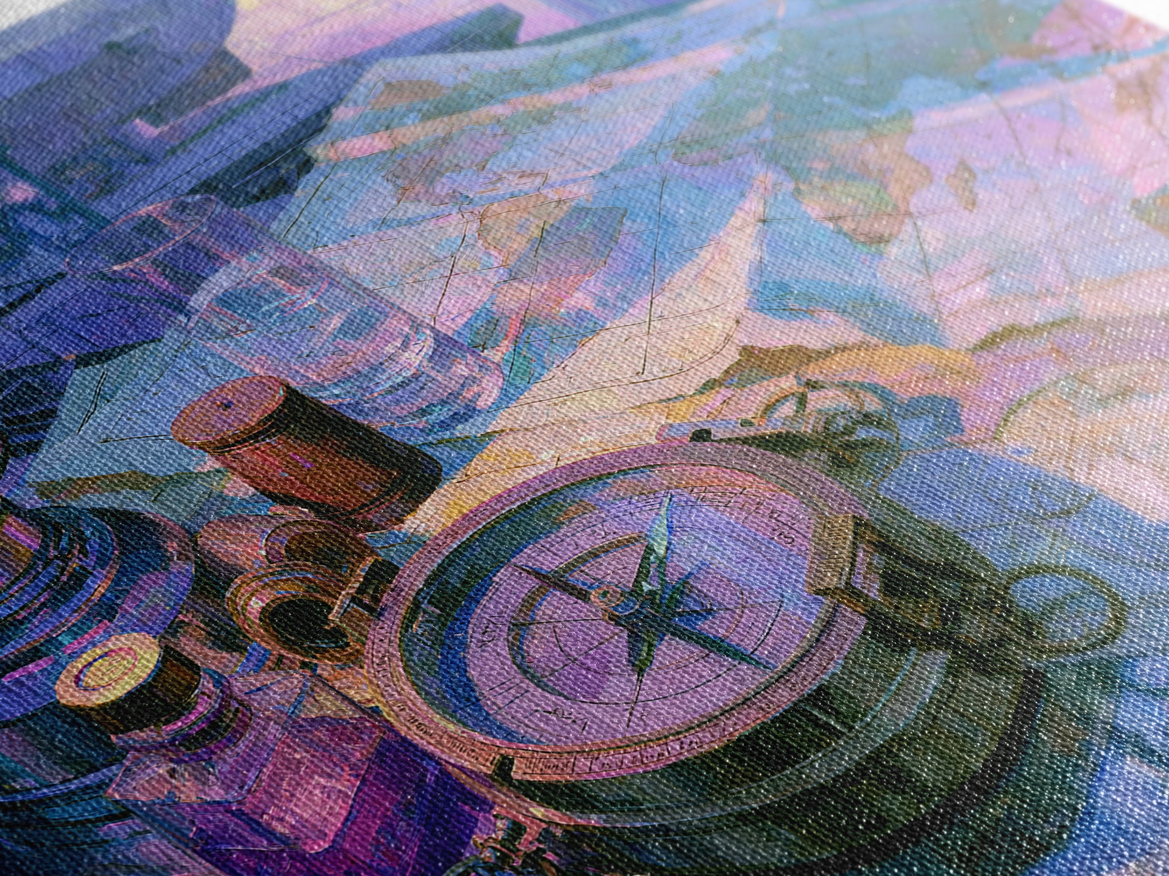 Airship Captain Map and Compass Still Life Canvas Print, Steampunk Art, Wall Art Living Room, Living Room Decor, Mechanic, STE-3x2-46
