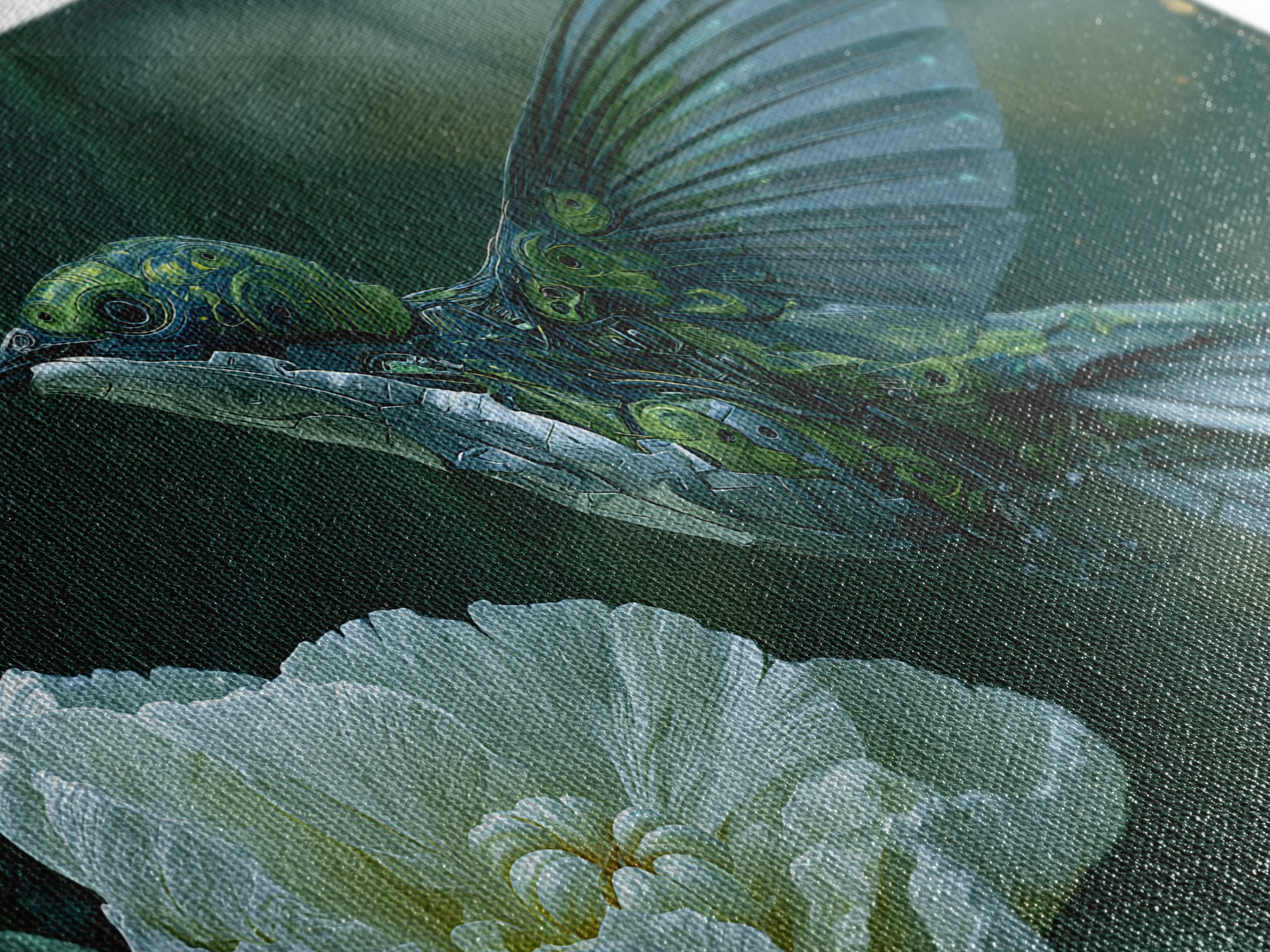 Mechanical Hummingbird Hovering Near Flower Canvas Print, Steampunk Art, Dark Art, Living Room Decor, Watercolor Art, Mechanic, STE-3x2-61