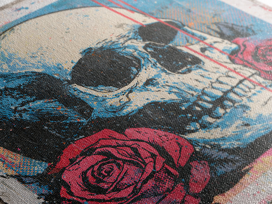 Skull with Roses in Street Mural Style Framed Canvas Print, Street Art, Abstract Painting, Living Room Decor, Fine Art, Urban, STR-1x1-64