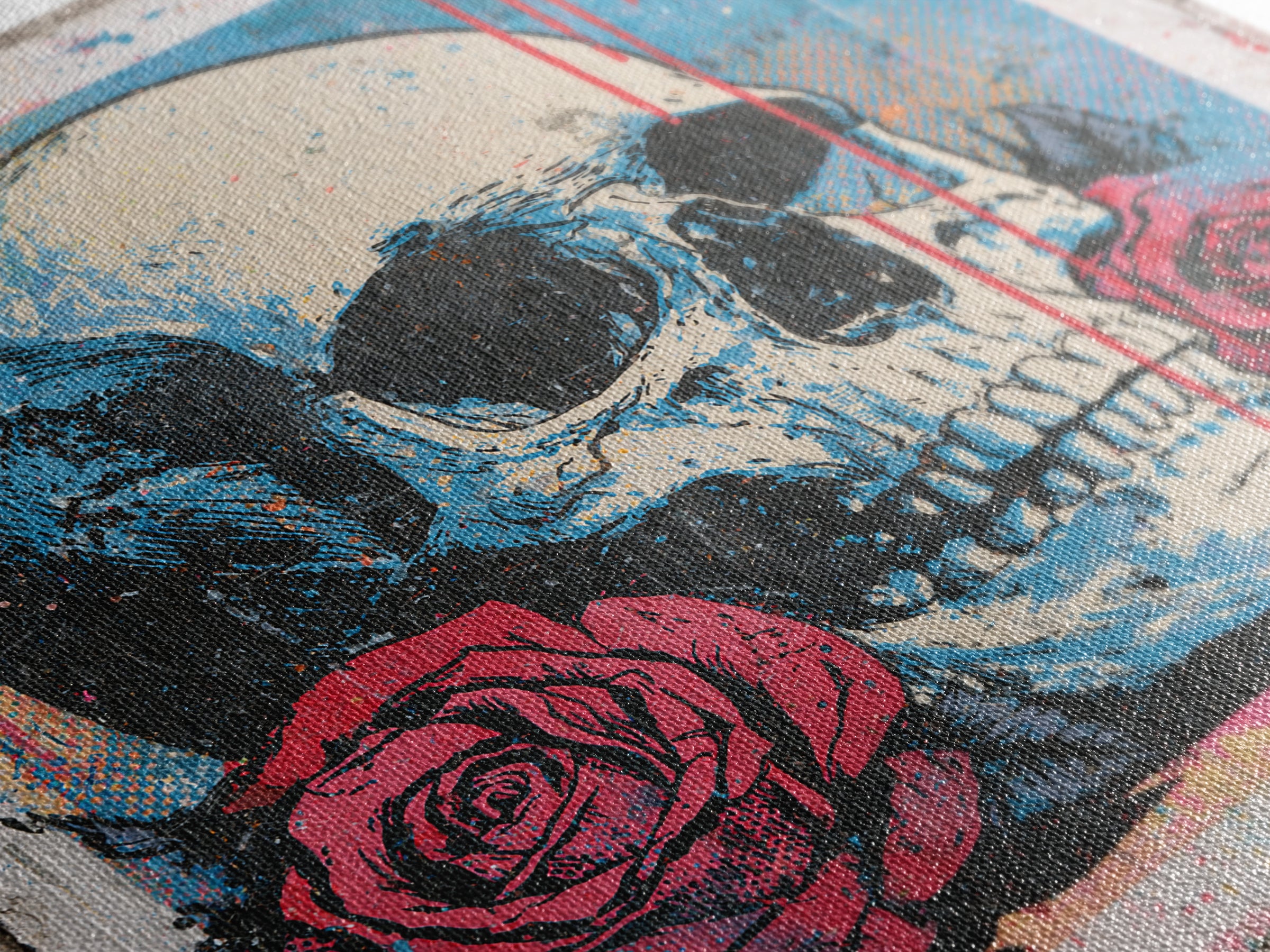Skull with Roses in Street Mural Style Framed Canvas Print, Street Art, Abstract Painting, Living Room Decor, Fine Art, Urban, STR-1x1-64