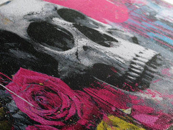 Skull with Roses in Street Mural Style Framed Canvas Print, Street Art, Art Print, Living Room Decor, Fine Art, Urban, STR-2x1-12