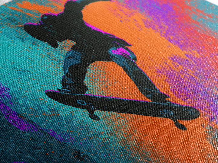 Skateboarder Silhouette over Neon Splashes Framed Canvas Print, Street Art, Living Room Decor, Watercolor Art, Urban, STR-2x1-23
