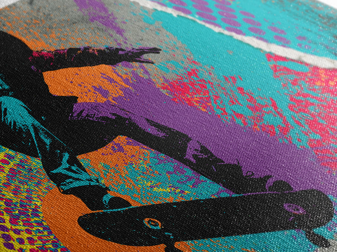Skateboarder Silhouette over Neon Splashes Framed Canvas Print, Street Art, Neutral Decor, Living Room Decor, Fine Art, Urban, STR-2x1-95