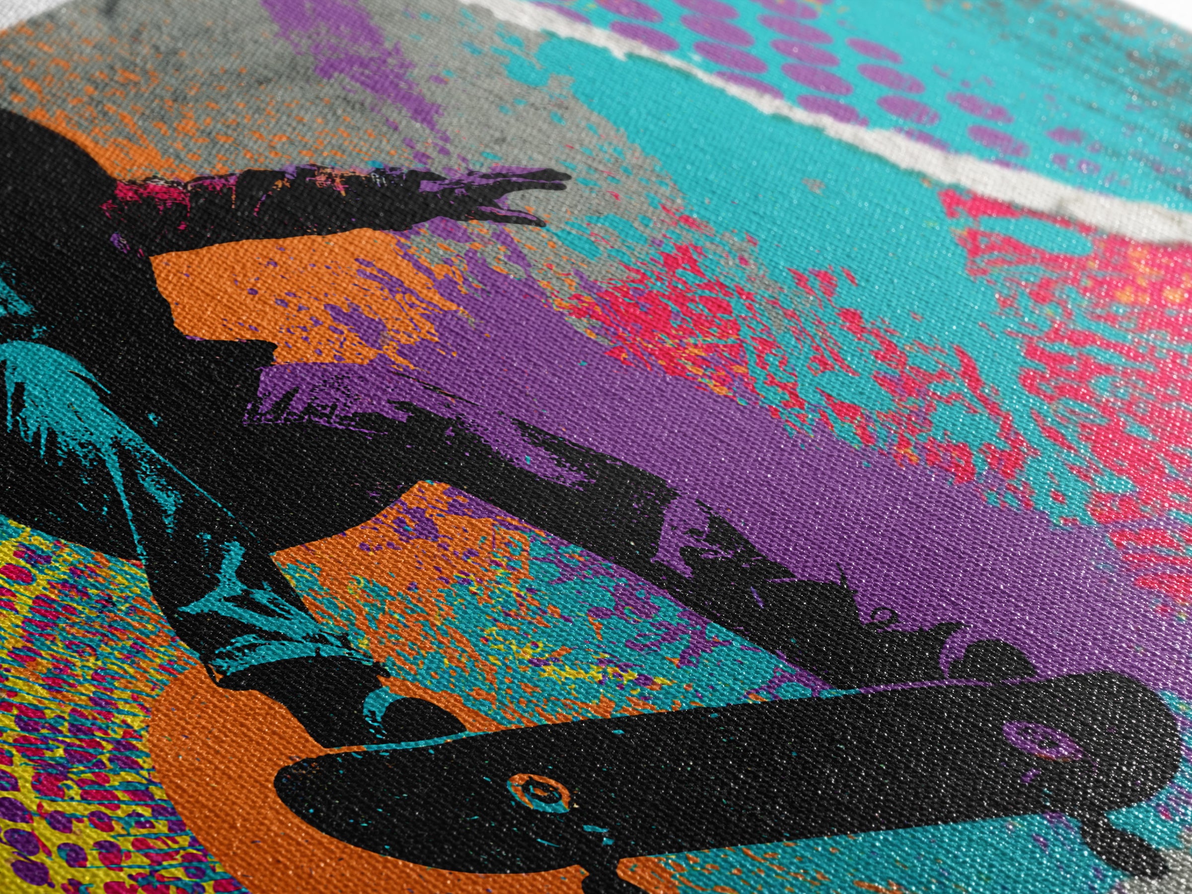 Skateboarder Silhouette over Neon Splashes Framed Canvas Print, Street Art, Neutral Decor, Living Room Decor, Fine Art, Urban, STR-2x1-95