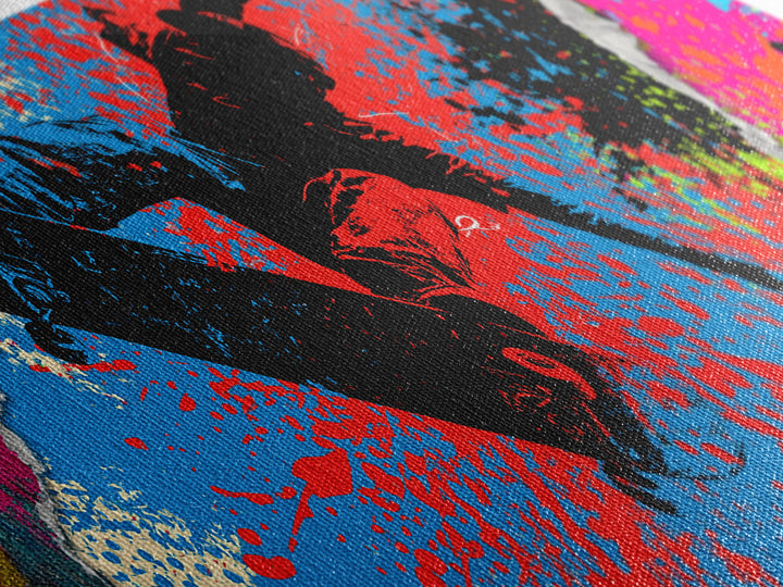 Skateboarder Silhouette over Neon Splashes Canvas Print, Street Art, Custom Portrait, Living Room Decor, Fine Art, Urban, STR-3x1-43