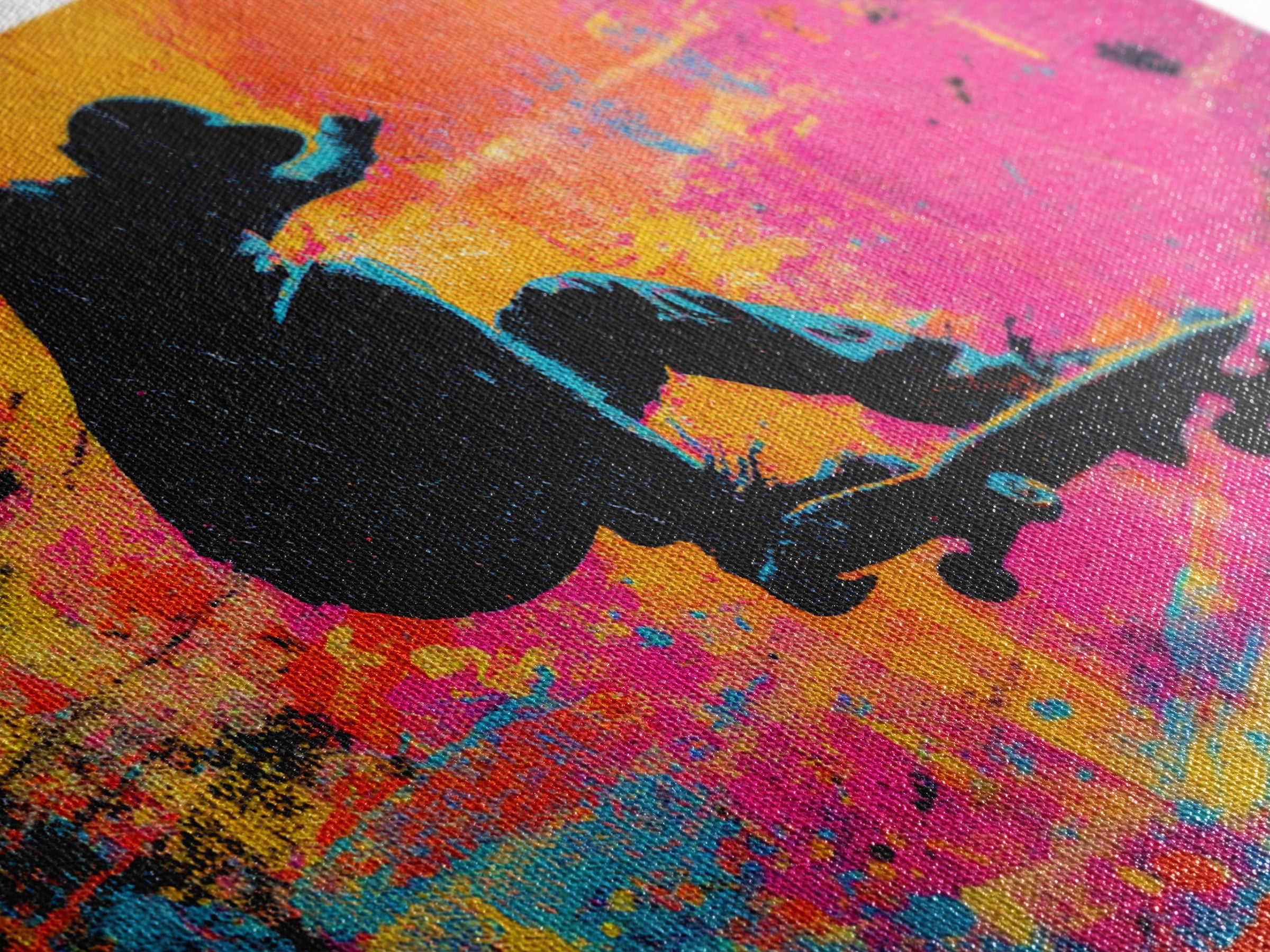 Skateboarder Silhouette over Neon Splashes Framed Canvas Print, Street Art, Original Art, Living Room Decor, Abstract Art, STR-3x2-7