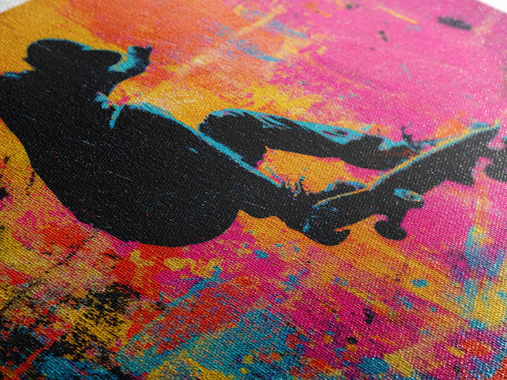 Skateboarder Silhouette over Neon Splashes Framed Canvas Print, Street Art, Original Art, Living Room Decor, Abstract Art, STR-3x2-7
