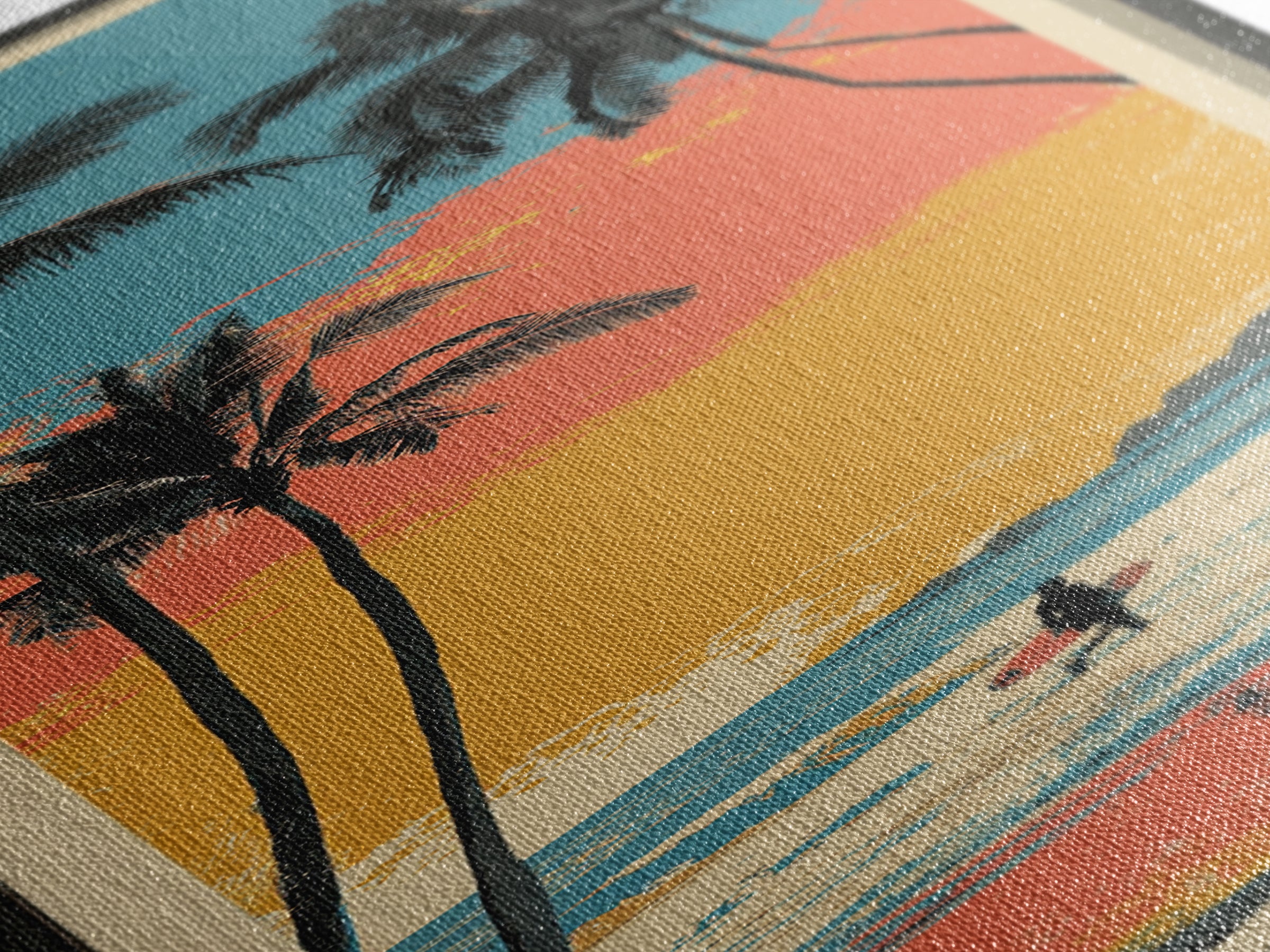 Hawaii Surf and Palm Tree Poster Framed Canvas Print, Travel Poster(2), Boho Decor, Living Room Decor, Fine Art, Voyage, TPO-1x3-45