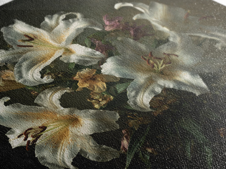 White Lilies on Dark Background Framed Canvas Print, Traditional Art, Custom Art, Living Room Decor, Fine Art, Classic, TRA-1x1-39