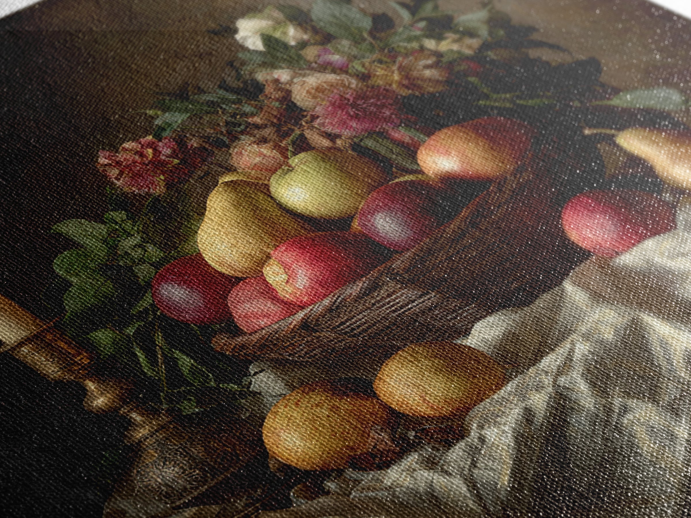 Basket of Apples and Pears on Linen Framed Canvas Print, Traditional Art, Landscape, Living Room Decor, Fine Art, Classic, TRA-1x1-42
