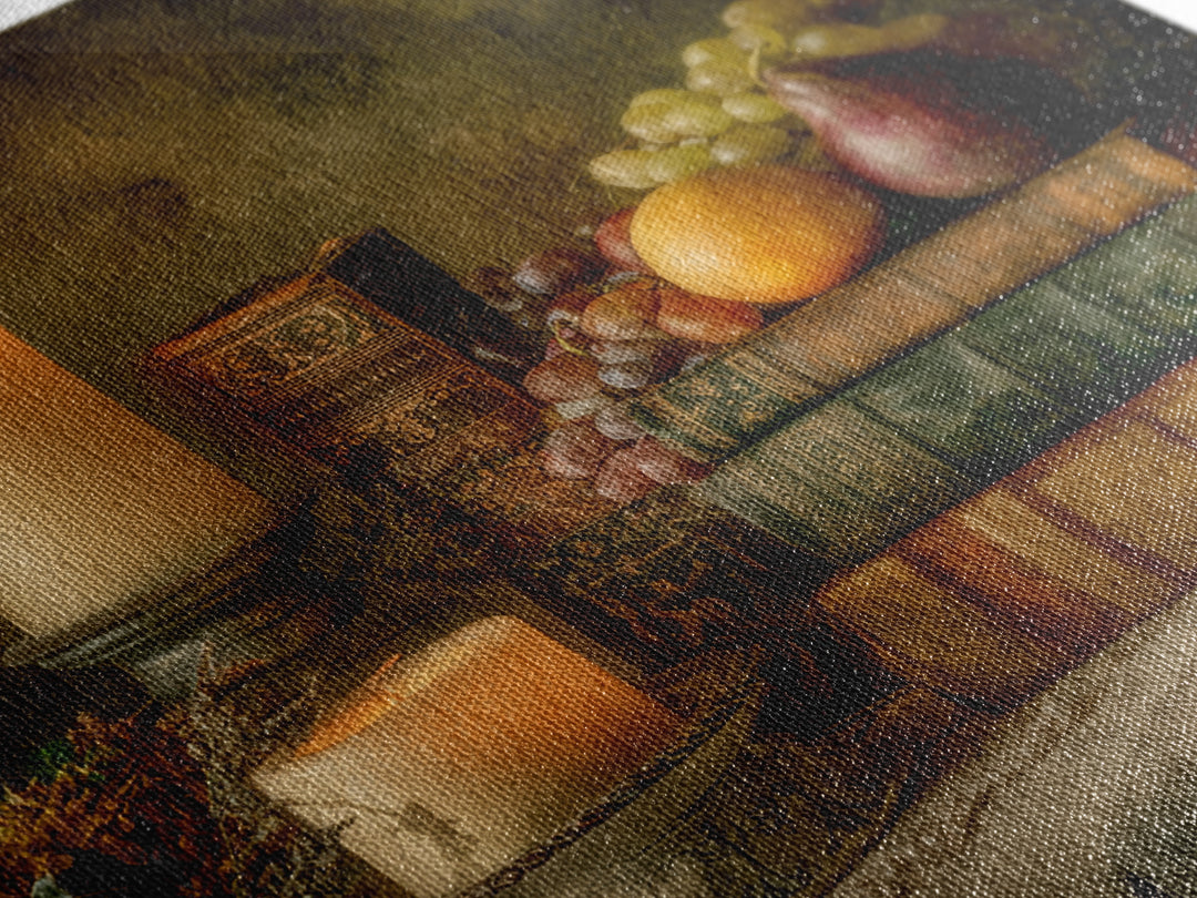 Still Life of Books Candle and Fruit Framed Canvas Print, Traditional Art, Boho, Living Room Decor, Fine Art, Classic, TRA-1x1-44
